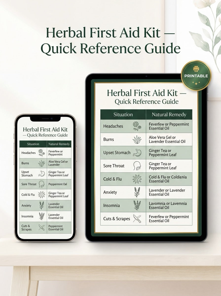 Herbal First Aid Kit Quick Reference Guide on tablet and phone
