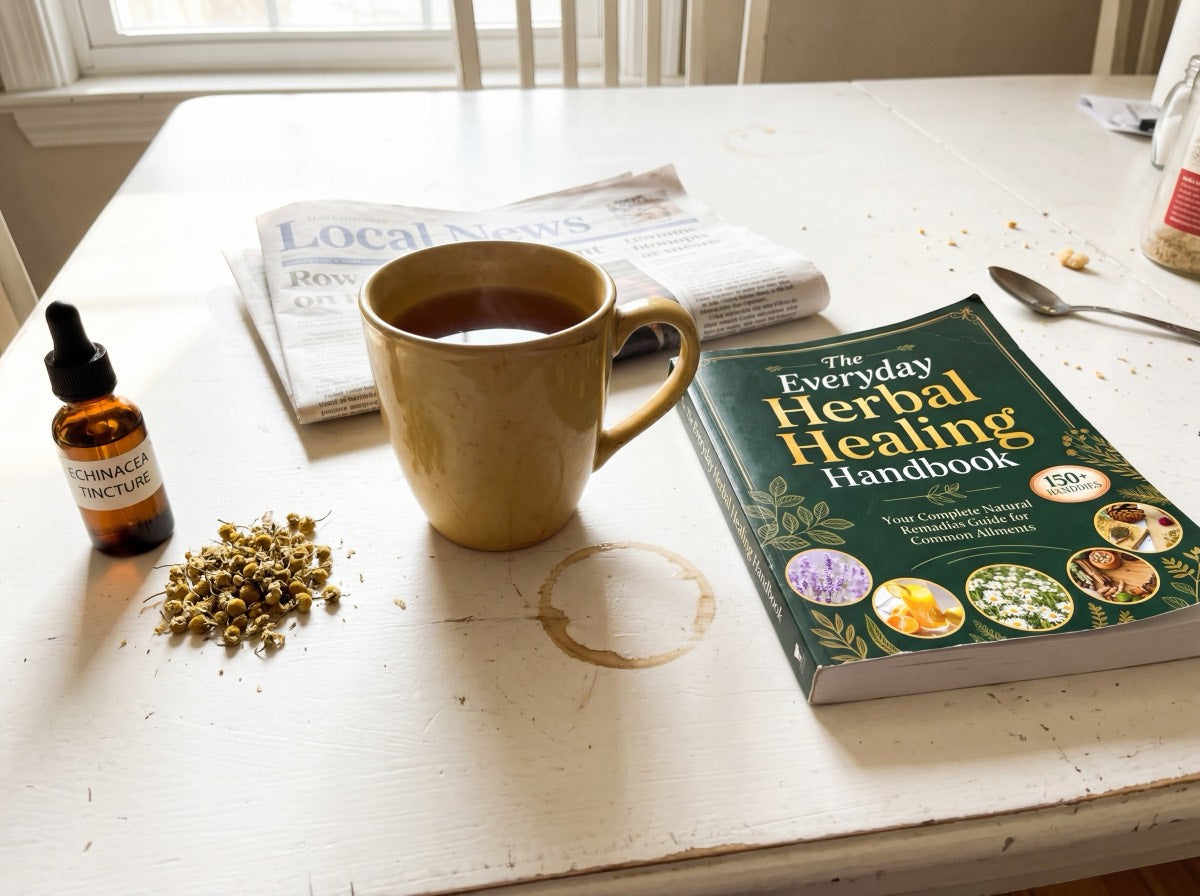 Book on table with tea and newspaper