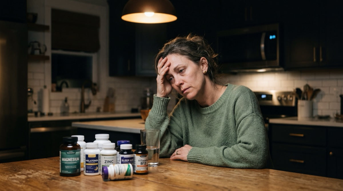 Frustrated woman surrounded by supplement bottles