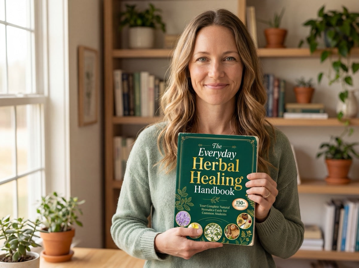 Woman smiling holding The Everyday Herbal Healing Handbook