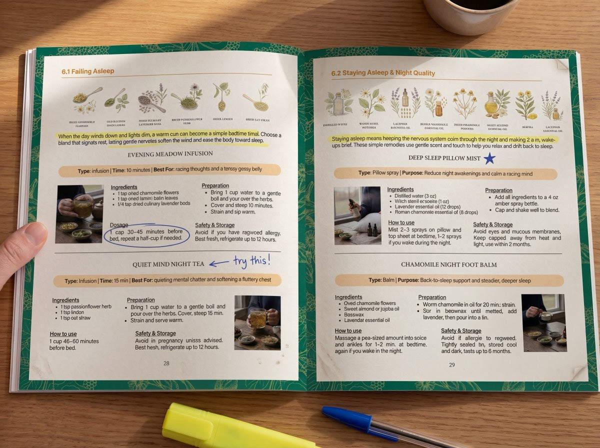 Book open to remedy pages showing ingredients, preparation, and dosage