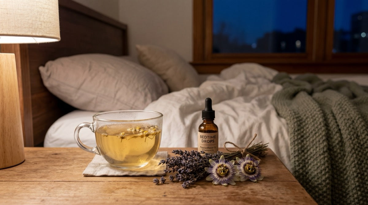 Bedtime herbal tea with chamomile and passionflower