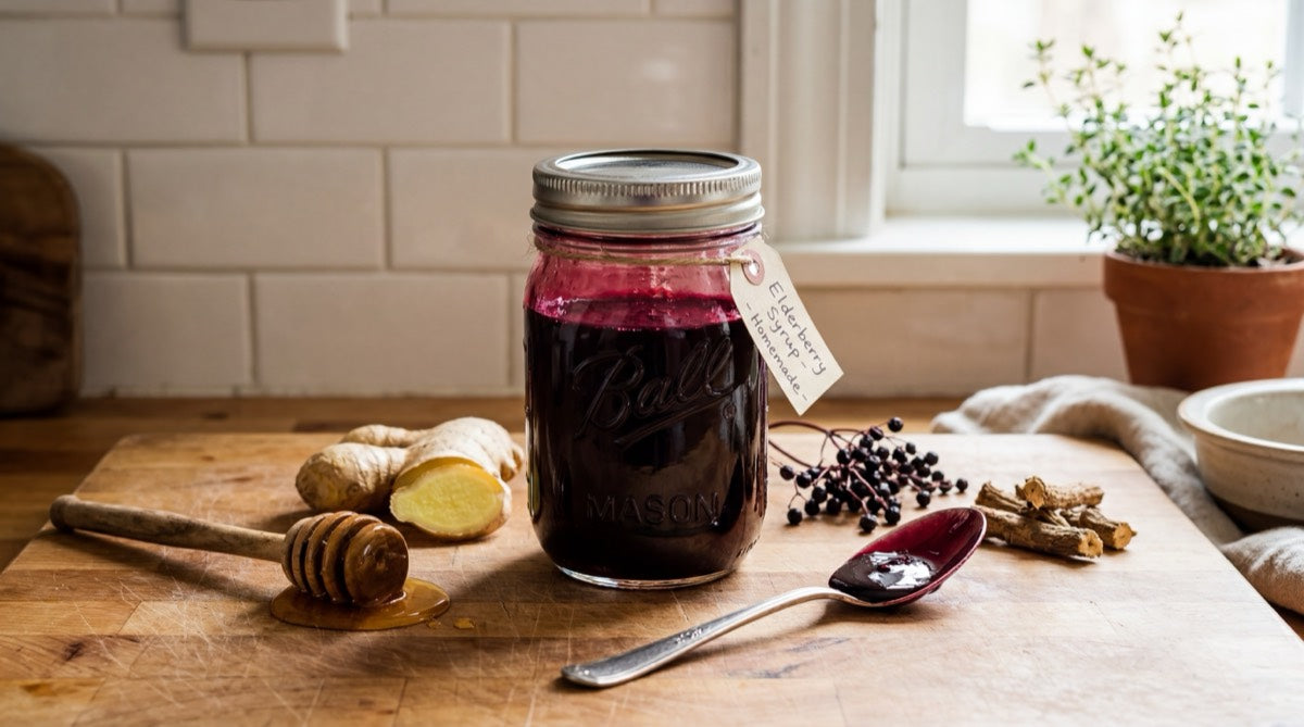 Elderberry immune defense syrup in mason jar
