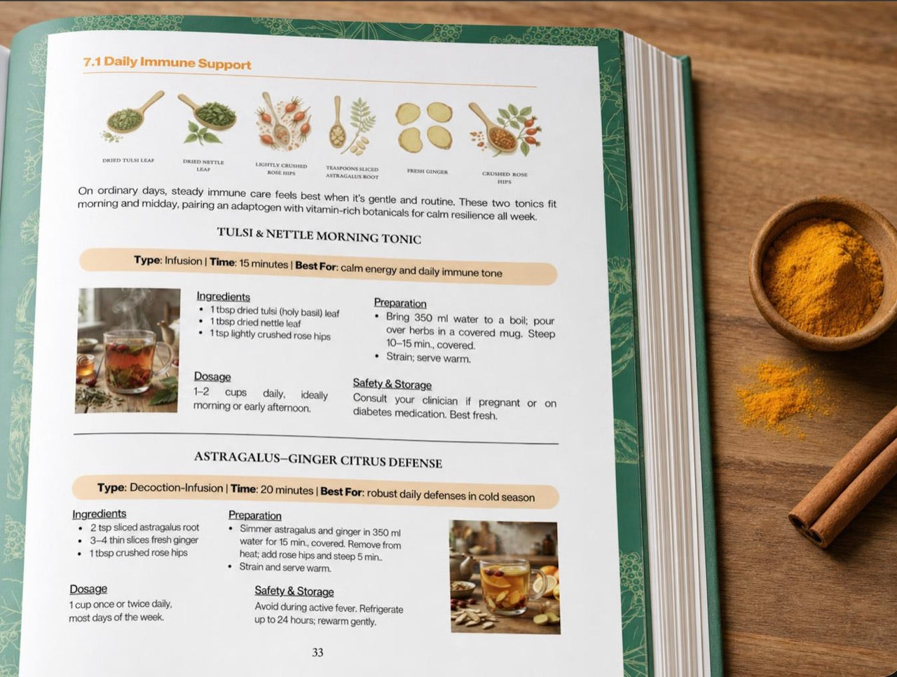 A real recipe page from the handbook showing ingredients, step-by-step method, dosage and safety notes